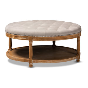 Baxton Studio Ambroise French Provincial Beige Linen Fabric Upholstered and White-Washed Oak Wood Button-Tufted Cocktail Ottoman with Shelf