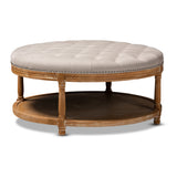 Ambroise Cocktail Ottoman - Beige Linen Upholstered, White-Washed Oak Wood, Button-Tufted Elegance