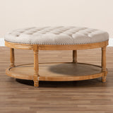 Baxton Studio Ambroise French Provincial Beige Linen Fabric Upholstered and White-Washed Oak Wood Button-Tufted Cocktail Ottoman with Shelf