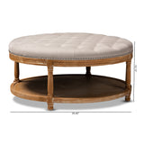 Baxton Studio Ambroise French Provincial Beige Linen Fabric Upholstered and White-Washed Oak Wood Button-Tufted Cocktail Ottoman with Shelf