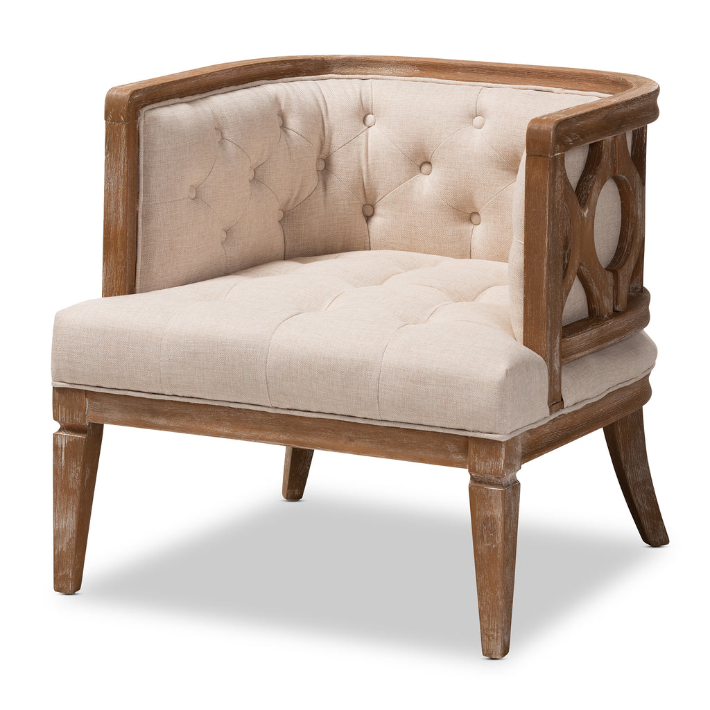 Baxton Studio Esme French Provincial Beige Linen Fabric Upholstered and White-Washed Oak Wood Accent Barrel Chair