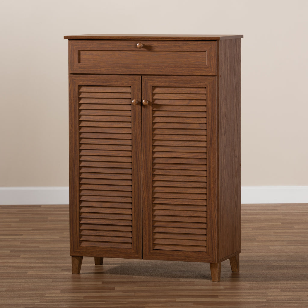 Baxton Studio Coolidge Modern and Contemporary Walnut Finished 5-Shelf Wood Shoe Storage Cabinet with Drawer