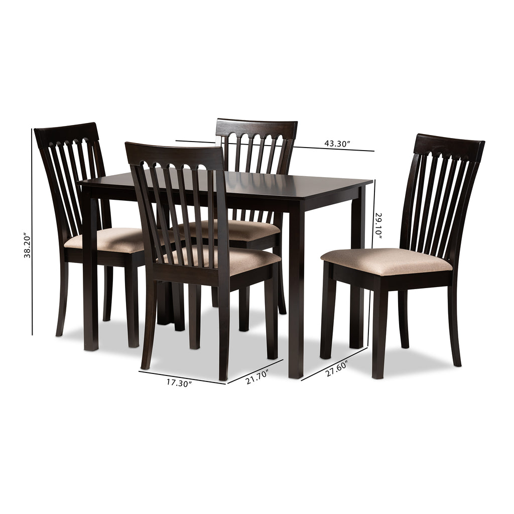 Baxton Studio Minette Modern and Contemporary Sand Fabric Upholstered Espresso Brown Finished Wood 5-Piece Dining Set