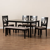 Bennett Modern and Contemporary Sand Fabric Upholstered and Dark Brown Finished Wood 6-Piece Dining Set
