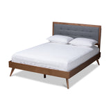 Ines Mid-Century Modern Fabric Upholstered Walnut Brown Wood Queen Size Platform Bed