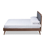 Baxton Studio Ines Mid-Century Modern Dark Grey Fabric Upholstered Walnut Brown Finished Wood Queen Size Platform Bed