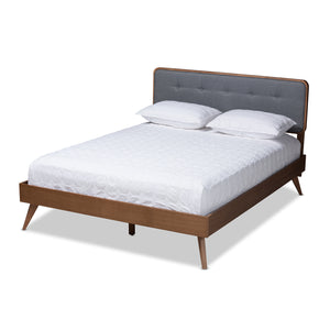 Baxton Studio Dilara Mid-Century Modern Dark Grey Fabric Upholstered Walnut Brown Finished Wood Full Size Platform Bed