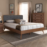 Baxton Studio Dilara Mid-Century Modern Dark Grey Fabric Upholstered Walnut Brown Finished Wood Queen Size Platform Bed