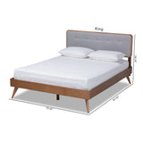 Baxton Studio Dilara Mid-Century Modern Light Grey Fabric Upholstered Walnut Brown Finished Wood Queen Size Platform Bed