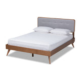 Baxton Studio Dilara Mid-Century Modern Light Grey Fabric Upholstered Walnut Brown Finished Wood Full Size Platform Bed