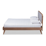 Baxton Studio Dilara Mid-Century Modern Light Grey Fabric Upholstered Walnut Brown Finished Wood Queen Size Platform Bed