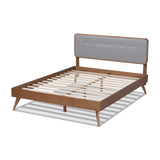 Baxton Studio Dilara Mid-Century Modern Light Grey Fabric Upholstered Walnut Brown Finished Wood Queen Size Platform Bed