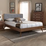 Baxton Studio Dilara Mid-Century Modern Light Grey Fabric Upholstered Walnut Brown Finished Wood Queen Size Platform Bed