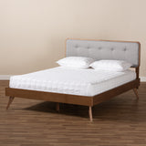 Baxton Studio Dilara Mid-Century Modern Light Grey Fabric Upholstered Walnut Brown Finished Wood Queen Size Platform Bed