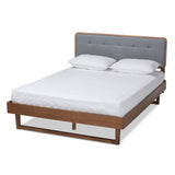 Natalia Mid-Century Modern Fabric Upholstered and Ash Walnut Finished Wood Queen Size Platform Bed