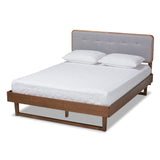 Baxton Studio Natalia Mid-Century Modern Light Grey Fabric Upholstered and Ash Walnut Finished Wood King Size Platform Bed