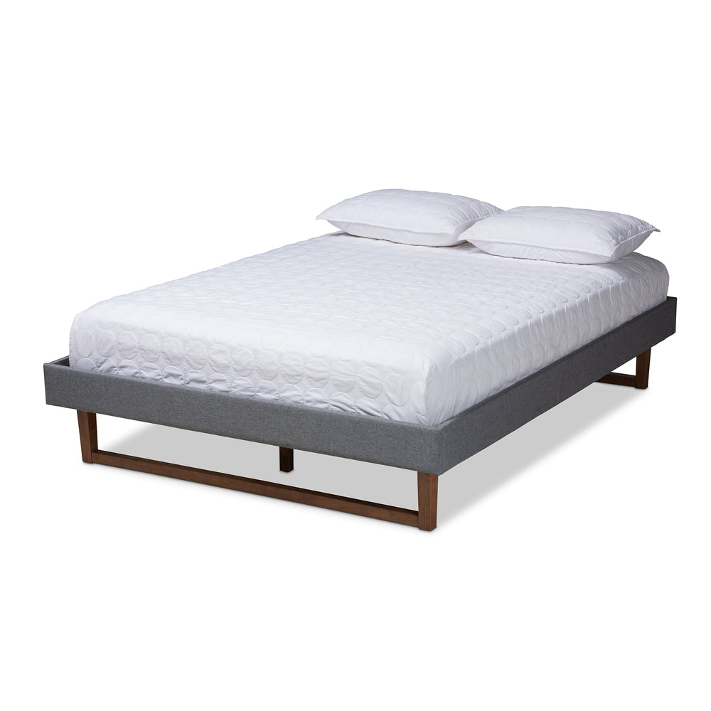 Baxton Studio Liliya Mid-Century Modern Dark Grey Fabric Upholstered Walnut Brown Finished Wood Full Size Platform Bed Frame