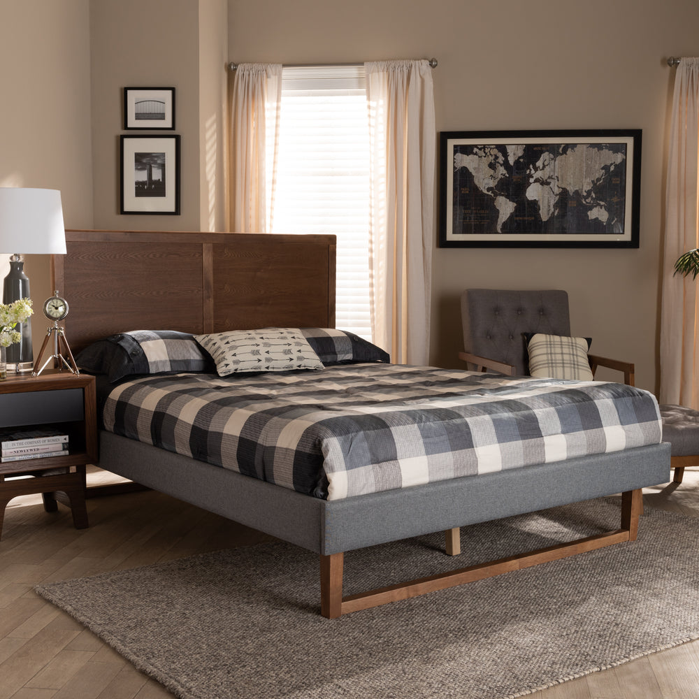 Baxton Studio Allegra Mid-Century Modern Dark Grey Fabric Upholstered and Ash Walnut Brown Finished Wood Full Size Platform Bed