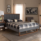 Emele Modern Transitional Dark Grey Fabric Upholstered and Ash Walnut Brown Finished Wood Queen Size Platform Bed