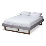 Liliya Mid-Century Modern Light Grey Fabric Upholstered Walnut Brown Finished Wood King Size Platform Bed Frame