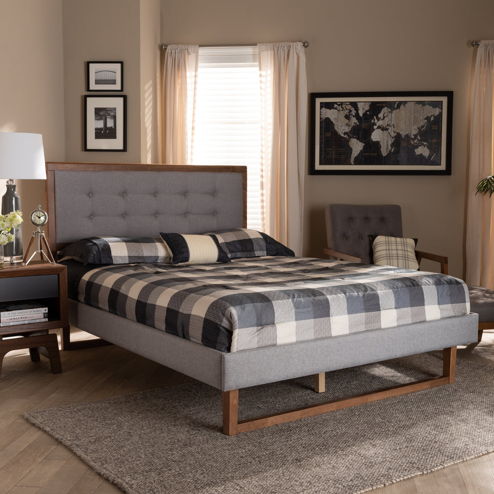 Baxton Studio Livinia Modern Transitional Light Grey Fabric Upholstered and Ash Walnut Brown Finished Wood Full Size Platform Bed