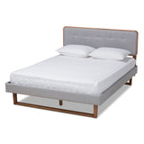 Sofia Mid-Century Modern Light Grey Fabric Upholstered and Ash Walnut Finished Wood King Size Platform Bed