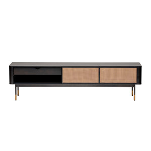 Miriam 71" Media Stand in Black with Natural Wicker