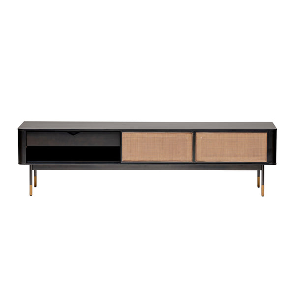 Miriam 71" Media Stand in Black with Natural Wicker