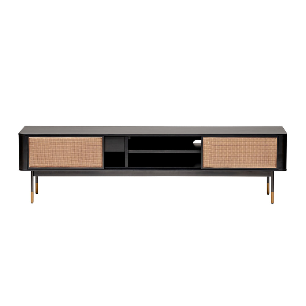 Miriam 71" Media Stand in Black with Natural Wicker