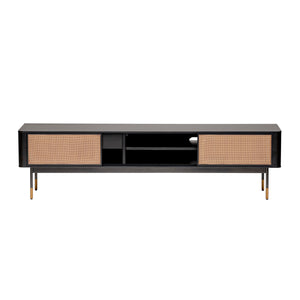Miriam 71" Media Stand in Black with Natural Wicker