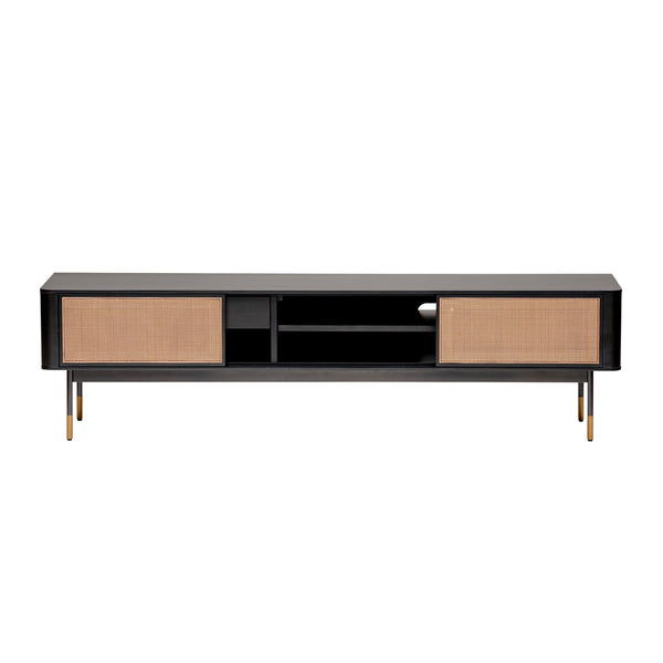 Miriam 71" Media Stand in Black with Natural Wicker