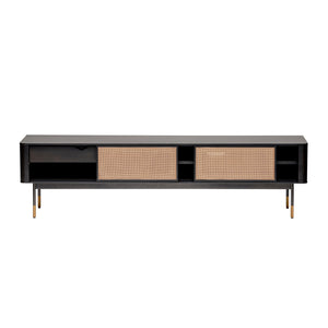 Miriam 71" Media Stand in Black with Natural Wicker
