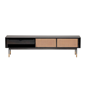 Miriam 71" Media Stand in Black with Natural Wicker