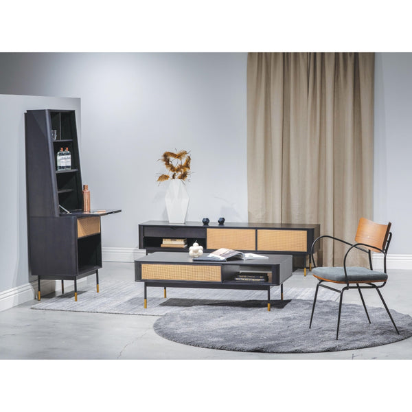 Miriam 71" Media Stand in Black with Natural Wicker