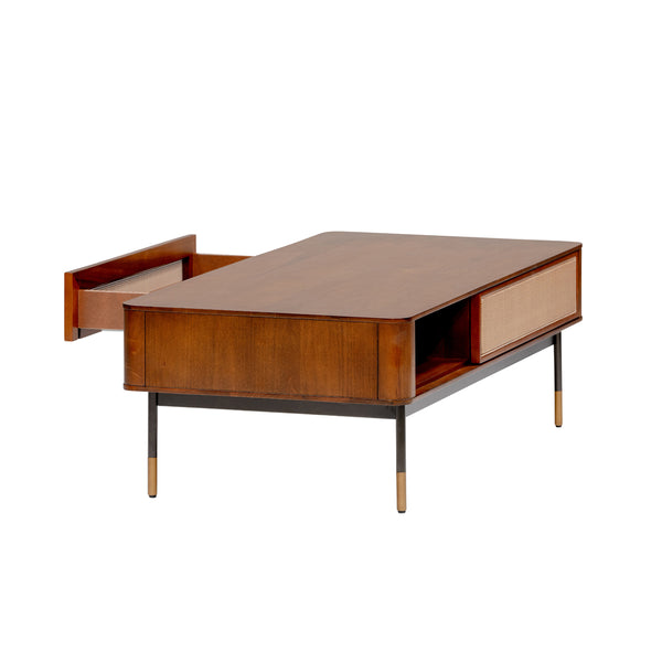 Miriam 47" Coffee Table in Brown with Natural Wicker