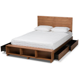 Alba Modern Transitional Ash Walnut Brown Finished Wood Queen Size 4-Drawer Platform Storage Bed with Built-In Shelves