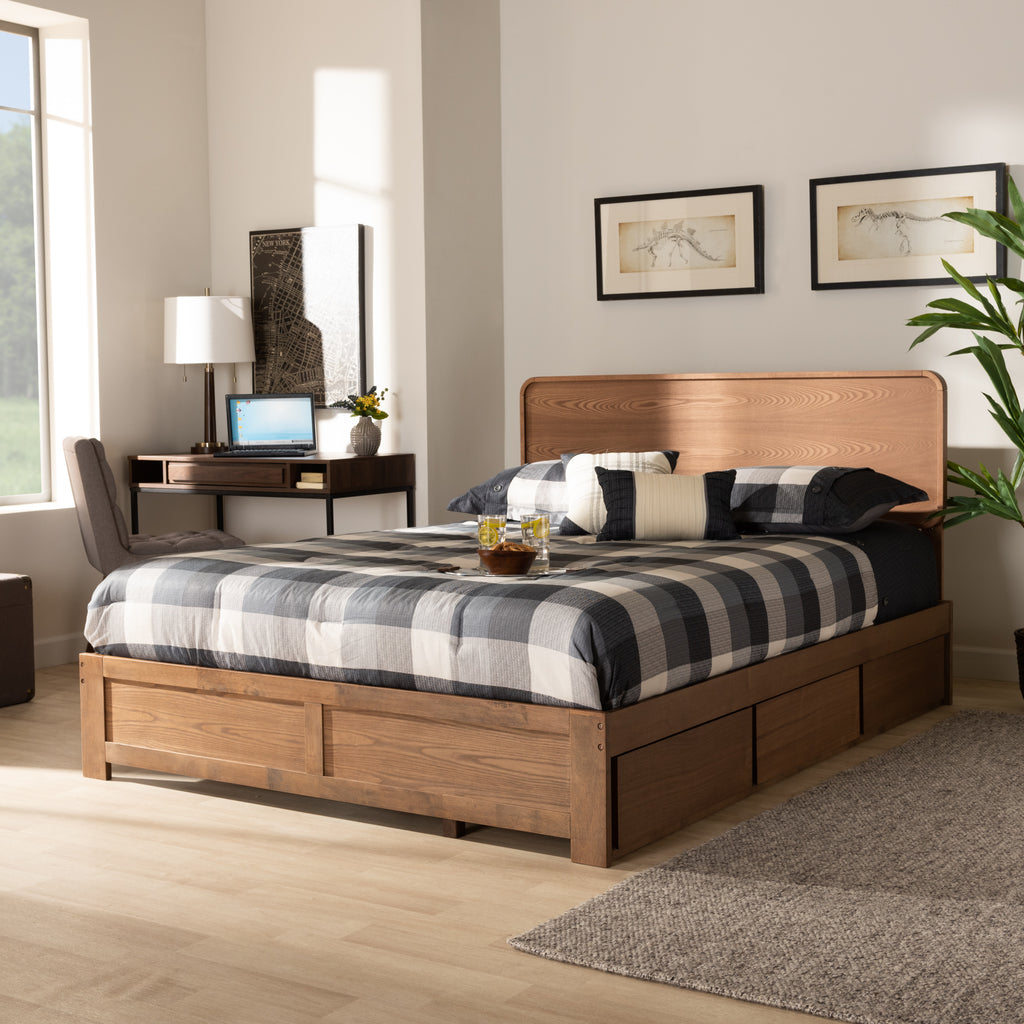 Baxton Studio Eleni Modern and Contemporary Transitional Dark Grey Fabric Upholstered and Ash Walnut Brown Finished Wood King Size 3-Drawer Platform Storage Bed