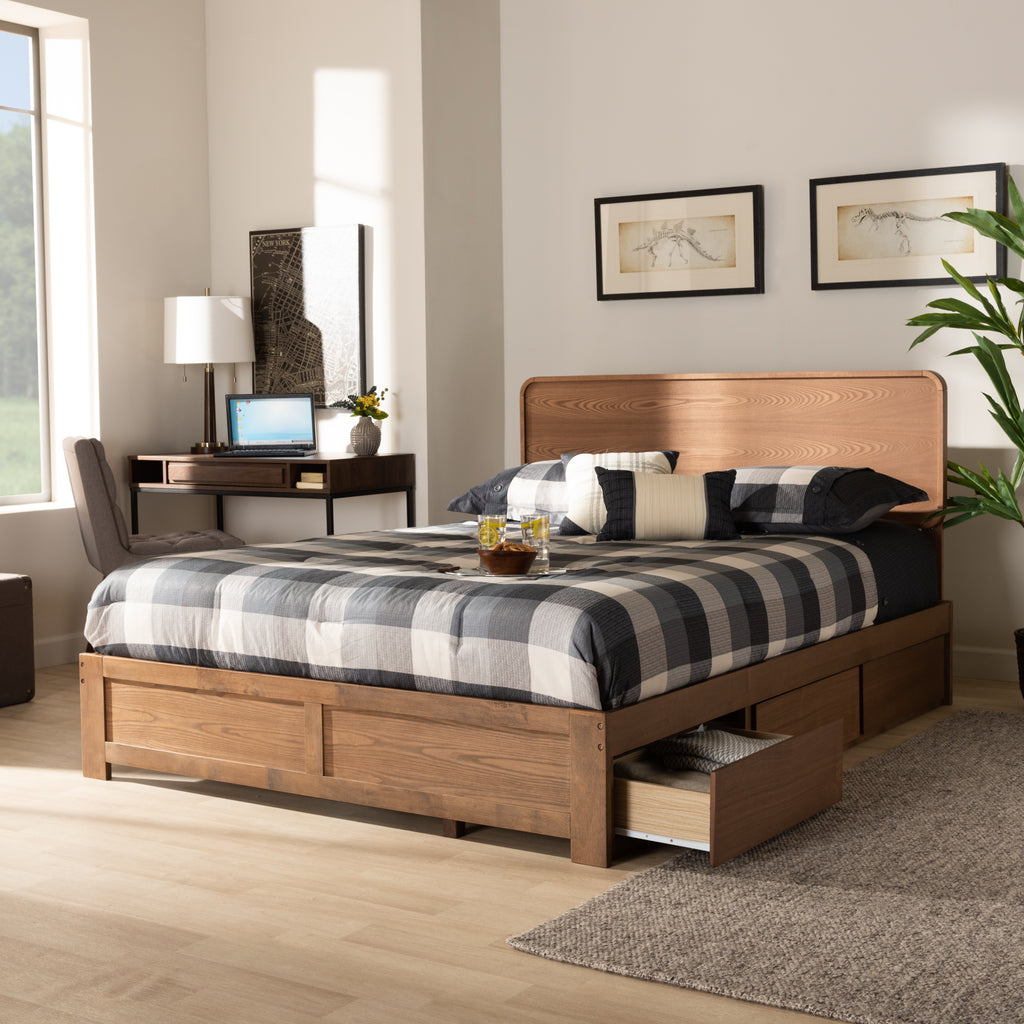 Baxton Studio Eleni Modern and Contemporary Transitional Dark Grey Fabric Upholstered and Ash Walnut Brown Finished Wood King Size 3-Drawer Platform Storage Bed