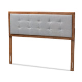 Sarine Mid-Century Modern Light Grey Fabric Upholstered Walnut Brown Finished Wood Queen Size Headboard