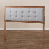 Baxton Studio Sarine Mid-Century Modern Light Grey Fabric Upholstered Walnut Brown Finished Wood King Size Headboard