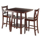 Orlando 3-Piece Set, High Table with 2 Shelves & 2 V-Back Counter Stools, Walnut