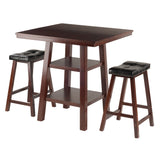 Orlando 3-Piece Set, High Table with 2 Shelves & 2 Cushion Saddle Seat Counter Stools, Walnut