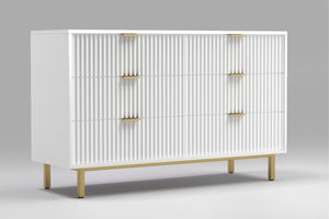 Casey Dresser - Elegant White Mahogany with Textured Drawers, Gold Legs, and Fully Assembled Design