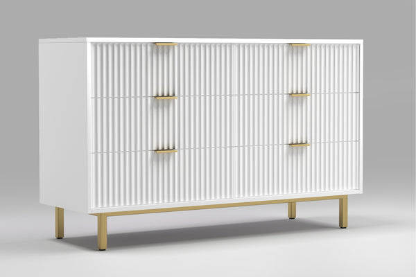Casey Dresser - Elegant White Mahogany with Textured Drawers, Gold Legs, and Fully Assembled Design