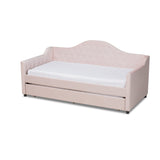 Perry Modern and Contemporary Light Pink Velvet Fabric Upholstered and Button Tufted Twin Size Daybed with Trundle