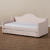 Baxton Studio Perry Modern and Contemporary Light Pink Velvet Fabric Upholstered and Button Tufted Twin Size Daybed with Trundle