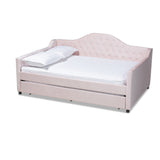 Perry Modern and Contemporary Light Pink Velvet Fabric Upholstered and Button Tufted Queen Size Daybed with Trundle
