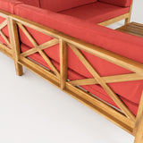 Brava Outdoor Acacia Wood Left Arm Loveseat and Coffee Table Set with Cushion, Teak and Red Noble House