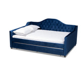 Perry Modern and Contemporary Royal Blue Velvet Fabric Upholstered and Button Tufted Queen Size Daybed with Trundle