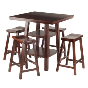 Winsome Wood Orlando 5-Piece Set, High Table with 2 Shelves & 4 Saddle Seat Counter Stools, Walnut 94548-WINSOMEWOOD